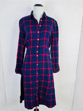 J Crew Dress Women's sz 4 Red Blue Plaid Shirt Dress Cotton Preppy Midi Buttons